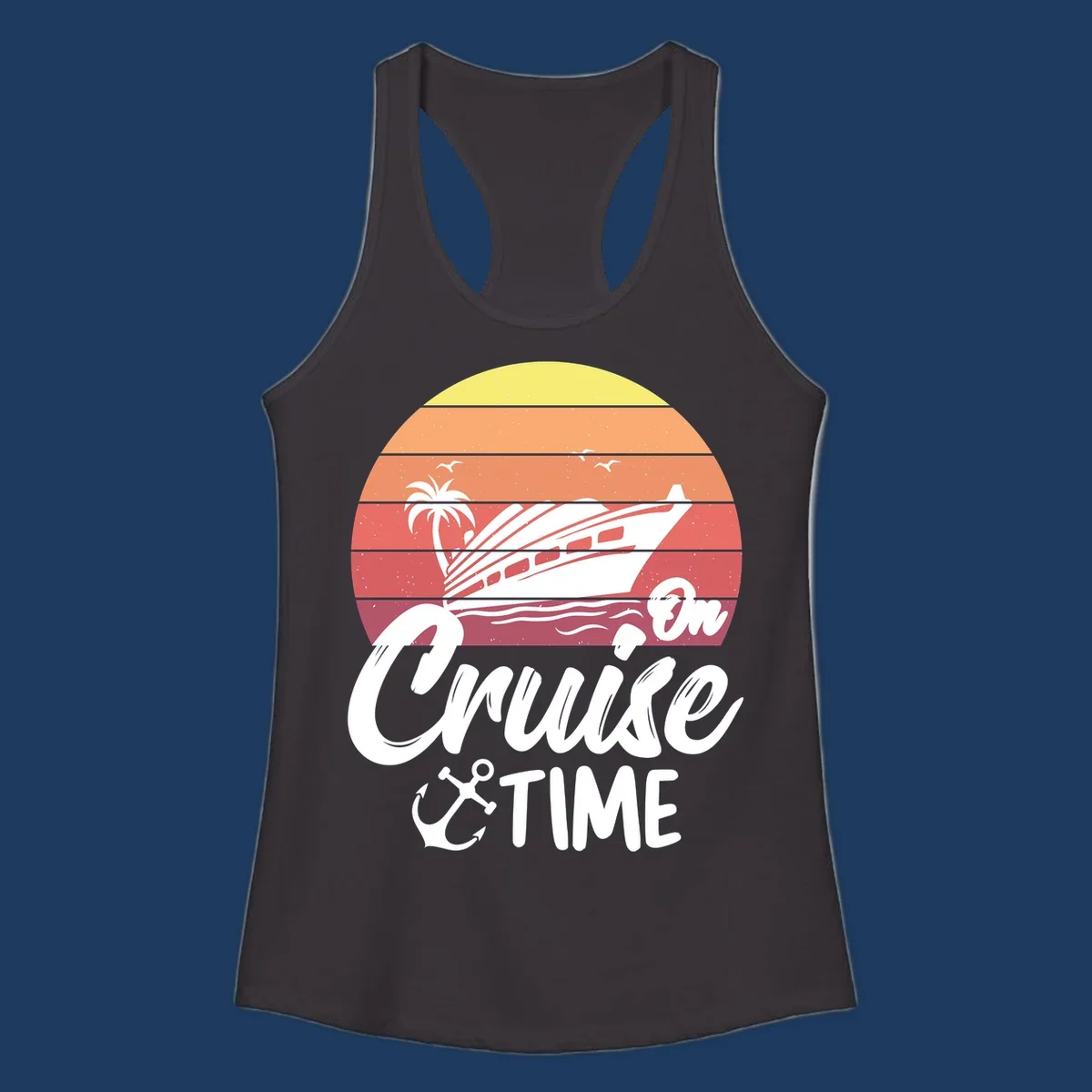 Retro cruise time sunset illustration with gradient stripes, ship, palm tree, seagulls, and anchor icon