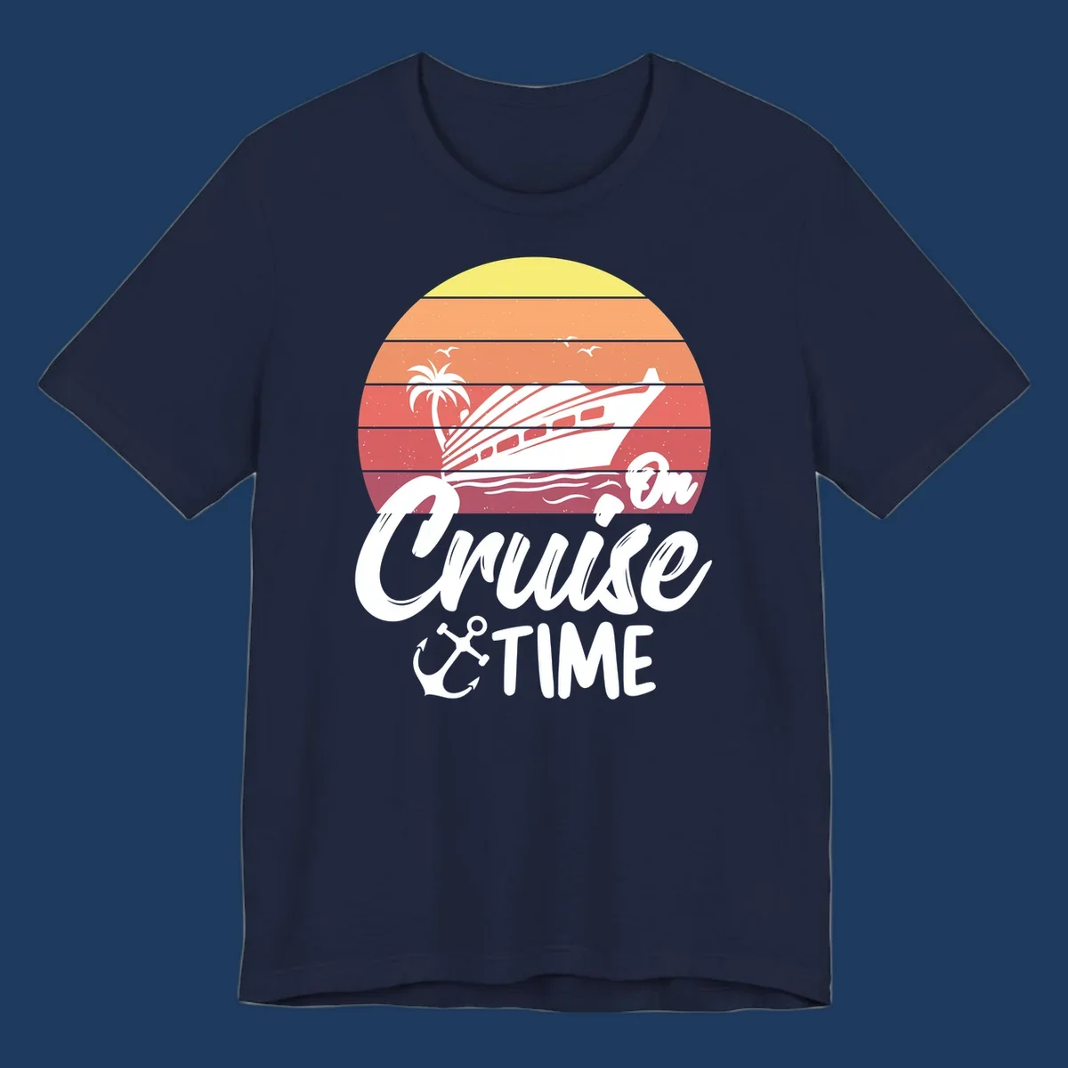 Retro cruise time sunset illustration with gradient stripes, ship, palm tree, seagulls, and anchor icon