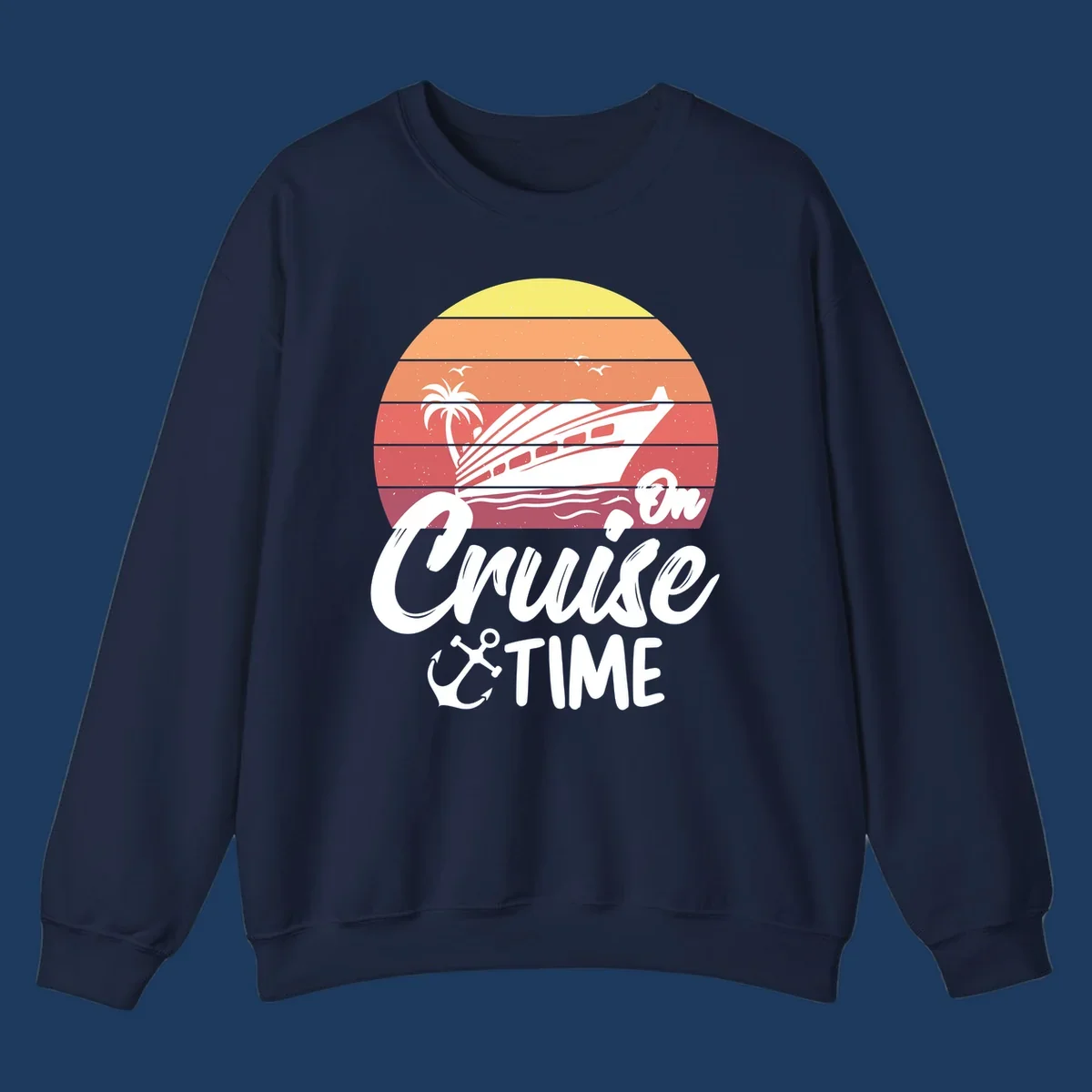 Retro cruise time sunset illustration with gradient stripes, ship, palm tree, seagulls, and anchor icon