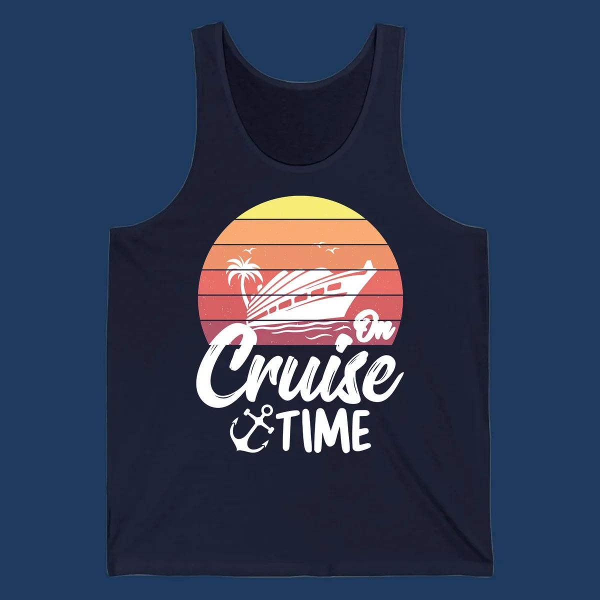 Retro cruise time sunset illustration with gradient stripes, ship, palm tree, seagulls, and anchor icon