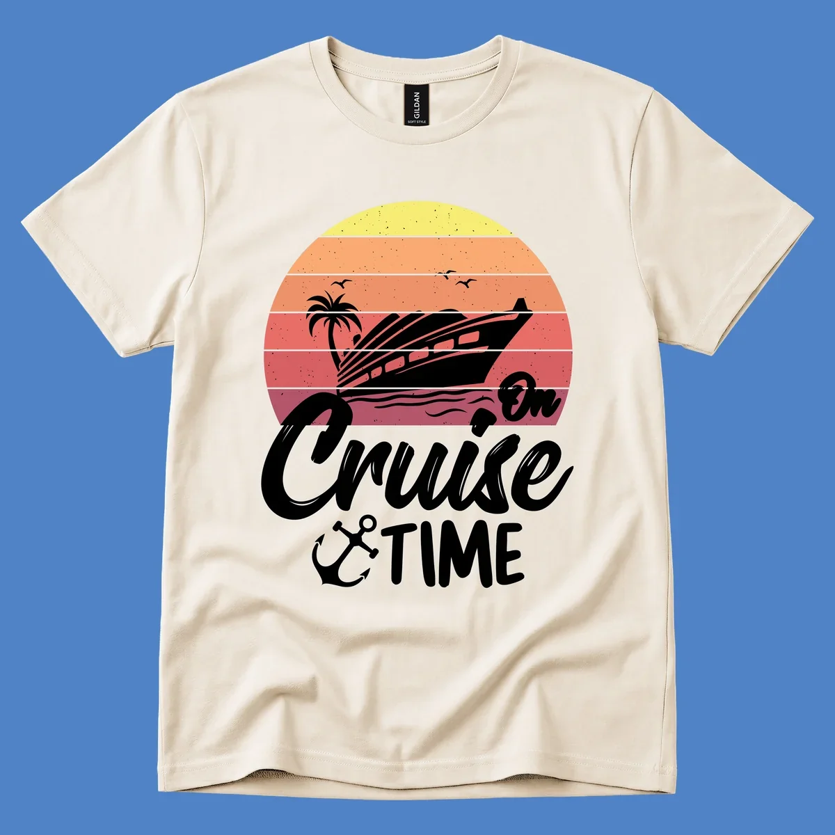 Retro cruise time sunset illustration with gradient stripes, ship, palm tree, seagulls, and anchor icon