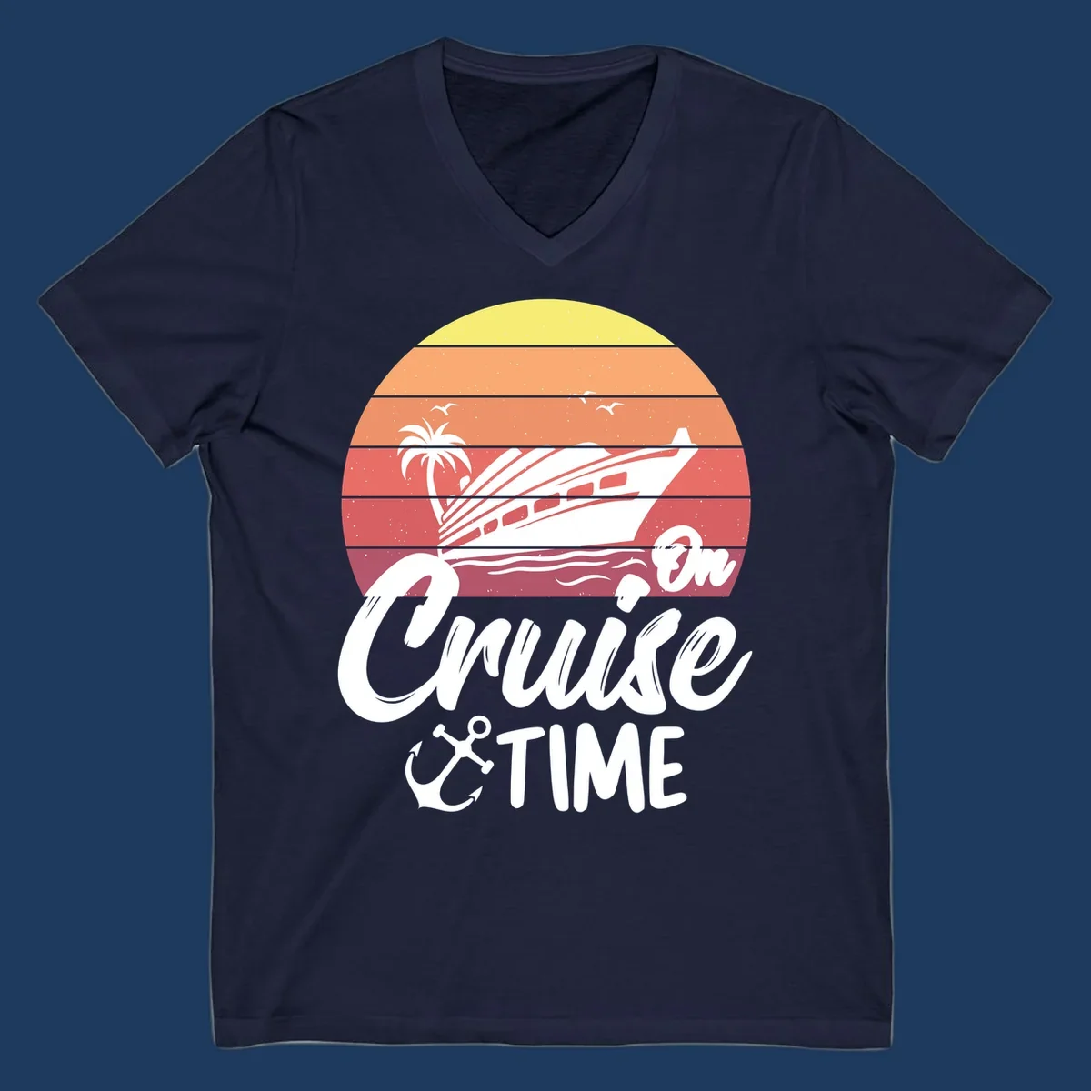 Retro cruise time sunset illustration with gradient stripes, ship, palm tree, seagulls, and anchor icon