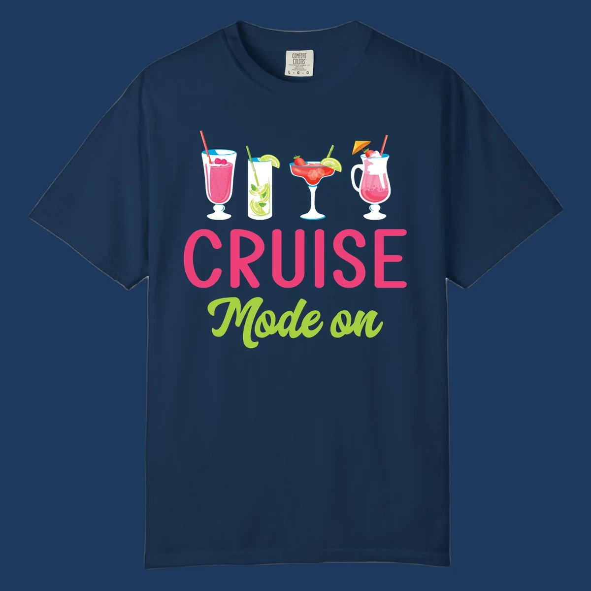 Cruise mode on design featuring four colorful tropical cocktails with pink, red, and lime drinks, bold magenta and lime text on gray background