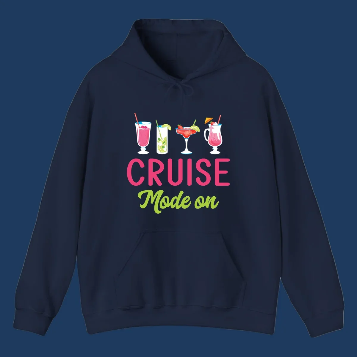 Cruise mode on design featuring four colorful tropical cocktails with pink, red, and lime drinks, bold magenta and lime text on gray background