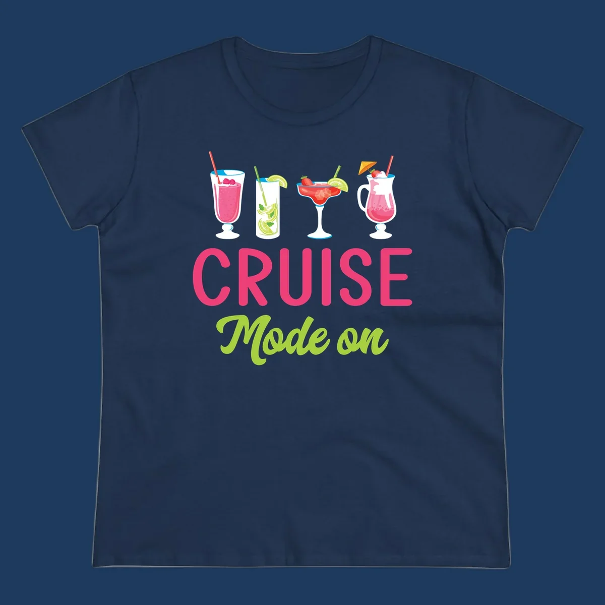 Cruise mode on design featuring four colorful tropical cocktails with pink, red, and lime drinks, bold magenta and lime text on gray background
