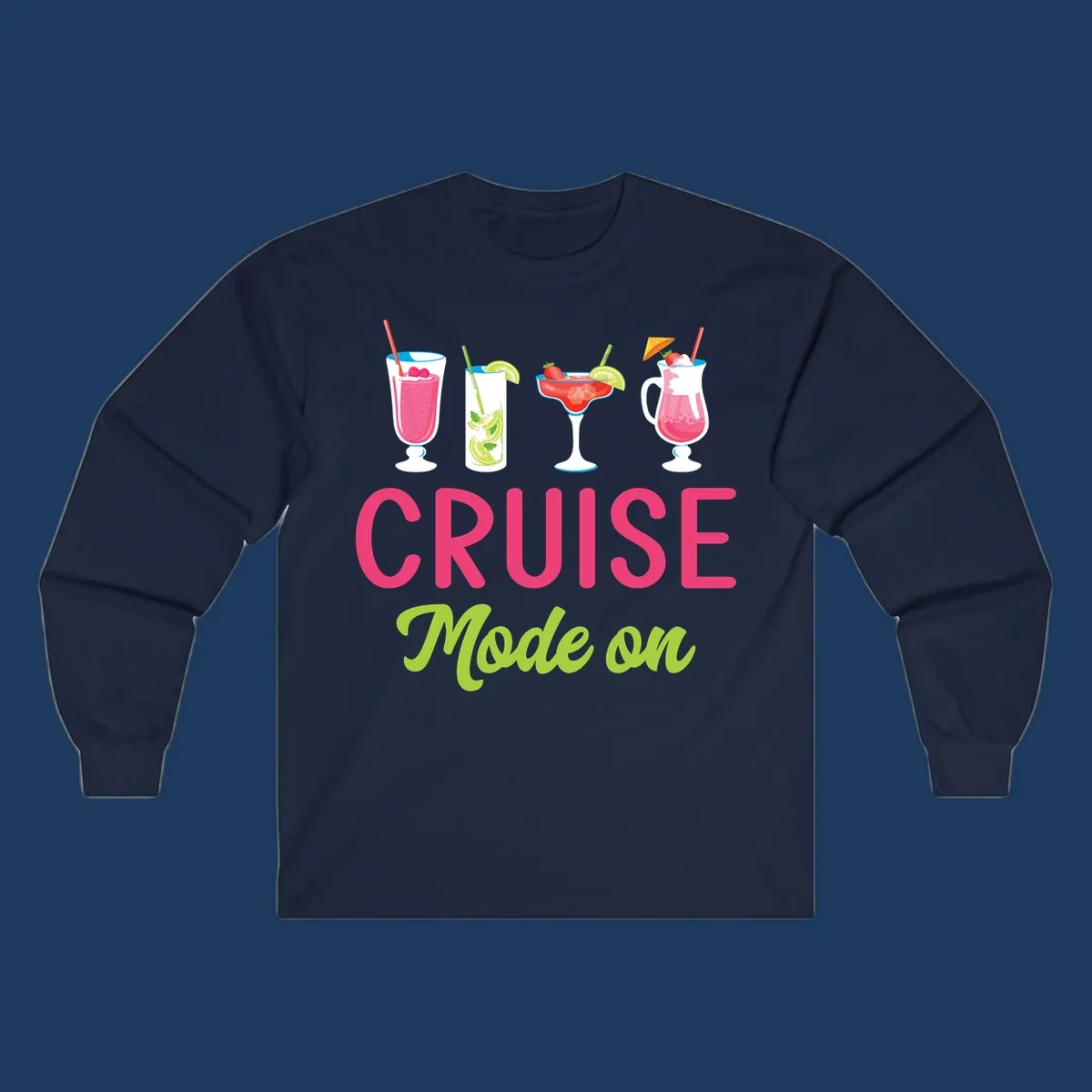 Cruise mode on design featuring four colorful tropical cocktails with pink, red, and lime drinks, bold magenta and lime text on gray background