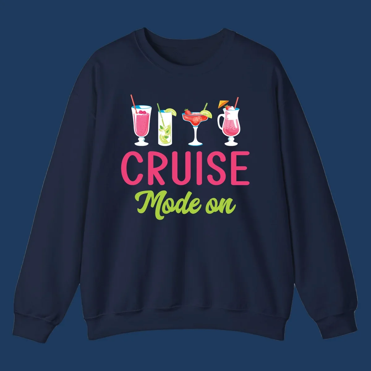 Cruise mode on design featuring four colorful tropical cocktails with pink, red, and lime drinks, bold magenta and lime text on gray background