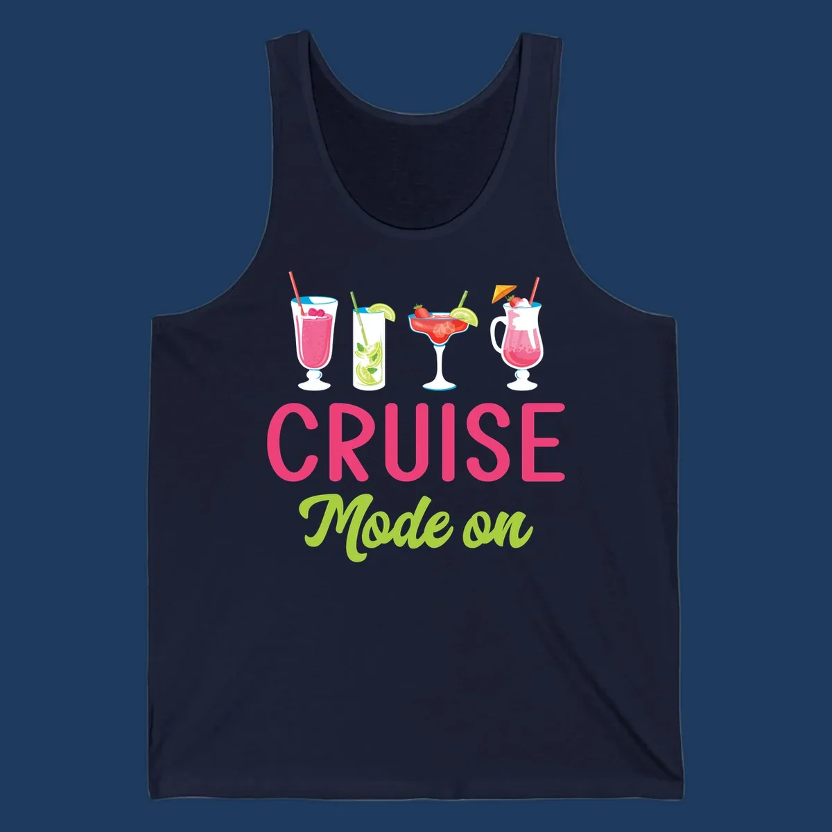 Cruise mode on design featuring four colorful tropical cocktails with pink, red, and lime drinks, bold magenta and lime text on gray background