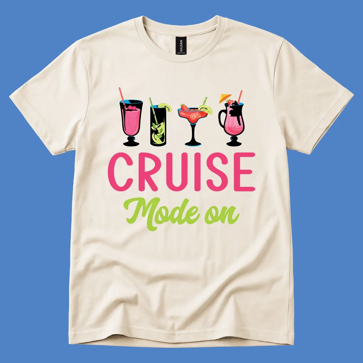Cruise mode on design featuring four colorful tropical cocktails with pink, red, and lime drinks, bold magenta and lime text on gray background