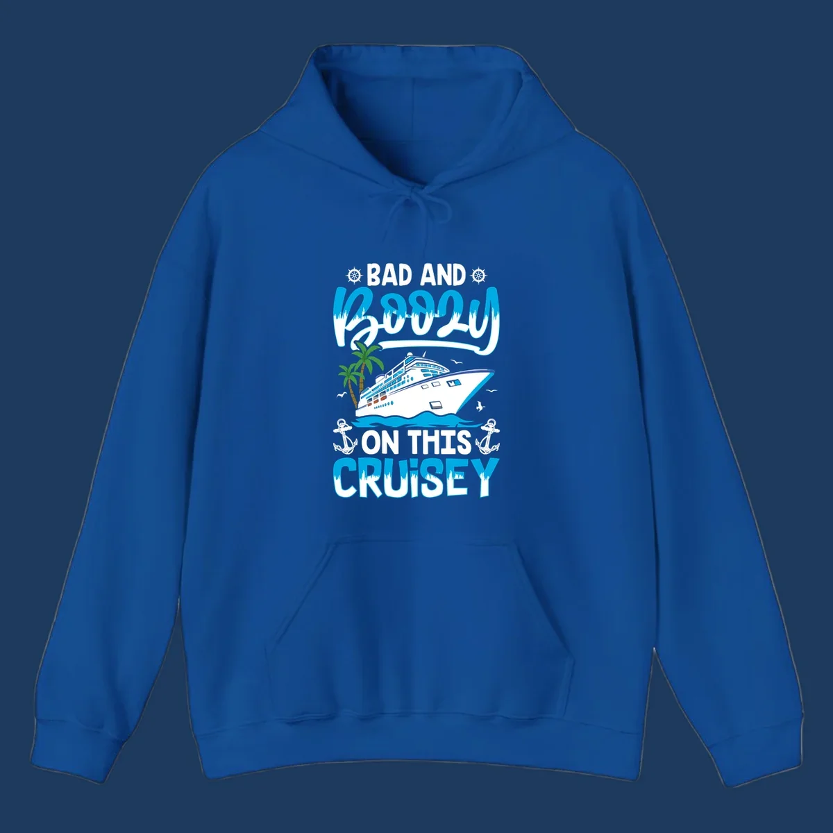 Bad and saucy on this cruise design with cruise ship, palm trees, anchors, and nautical elements