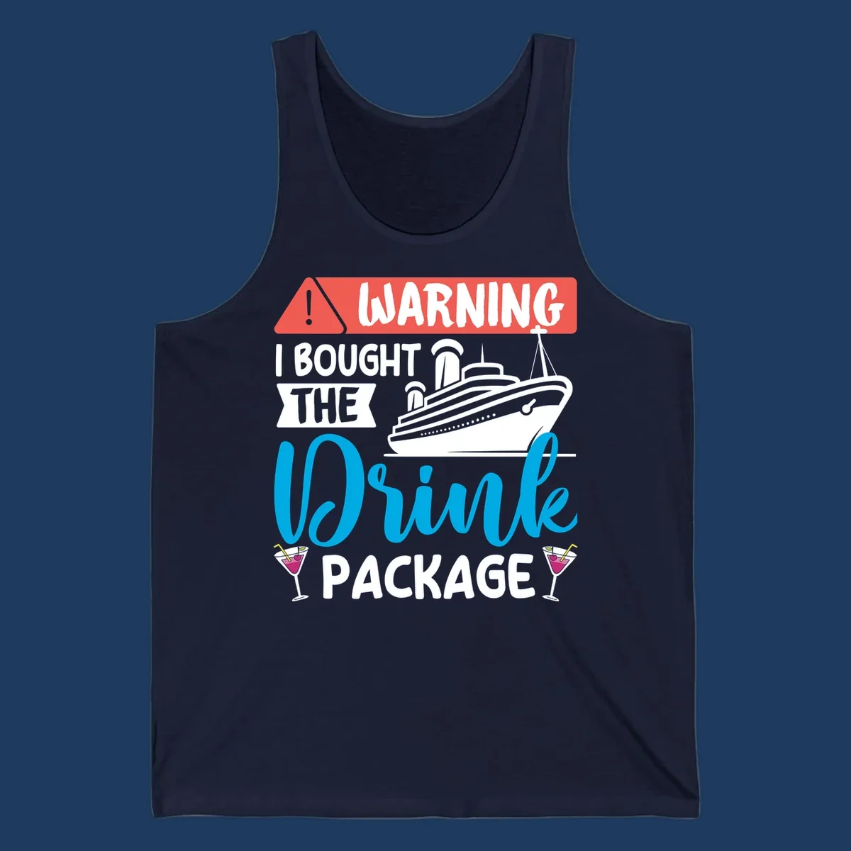 Humorous cruise drink package warning design with ship and cocktails on gray background