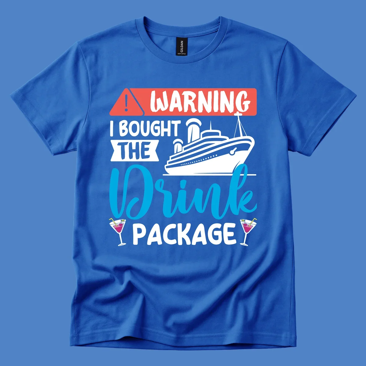 Humorous cruise drink package warning design with ship and cocktails on gray background