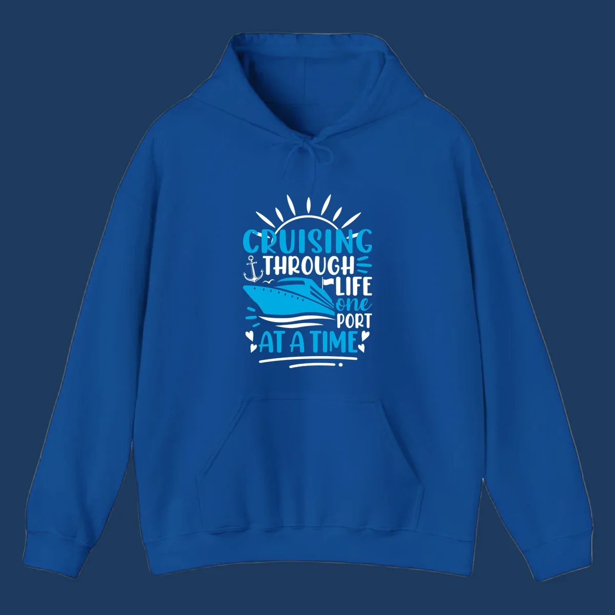Blue cruise ship with sun rays and ocean waves, text reading 'Cruising Through Life One Port At A Time' with nautical anchor and heart decorations