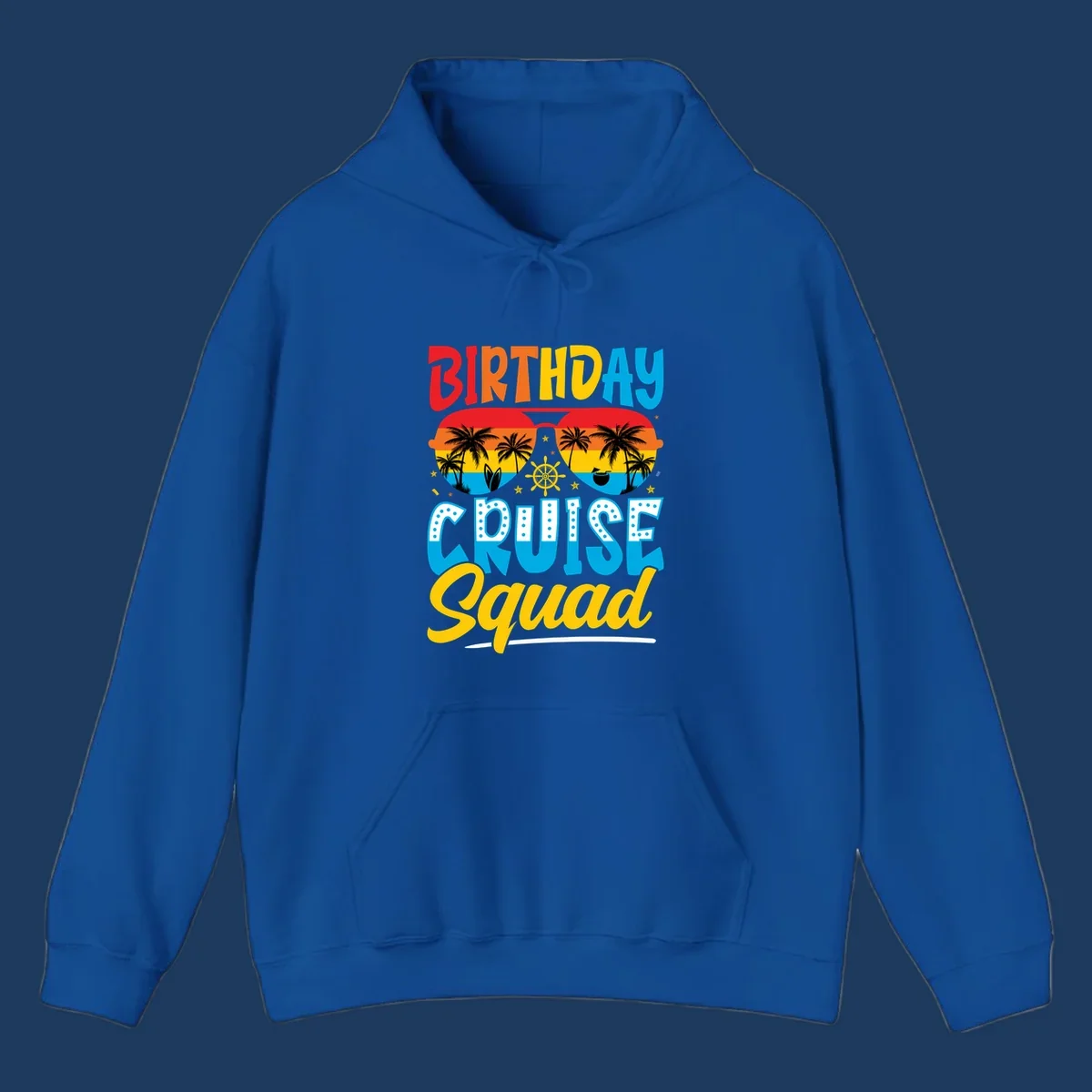 Birthday Cruise Squad design with tropical sunglasses, palm trees, ship wheel, and colorful sunset gradient on gray background