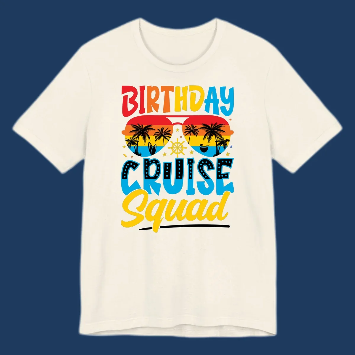 Birthday Cruise Squad design with tropical sunglasses, palm trees, ship wheel, and colorful sunset gradient on gray background