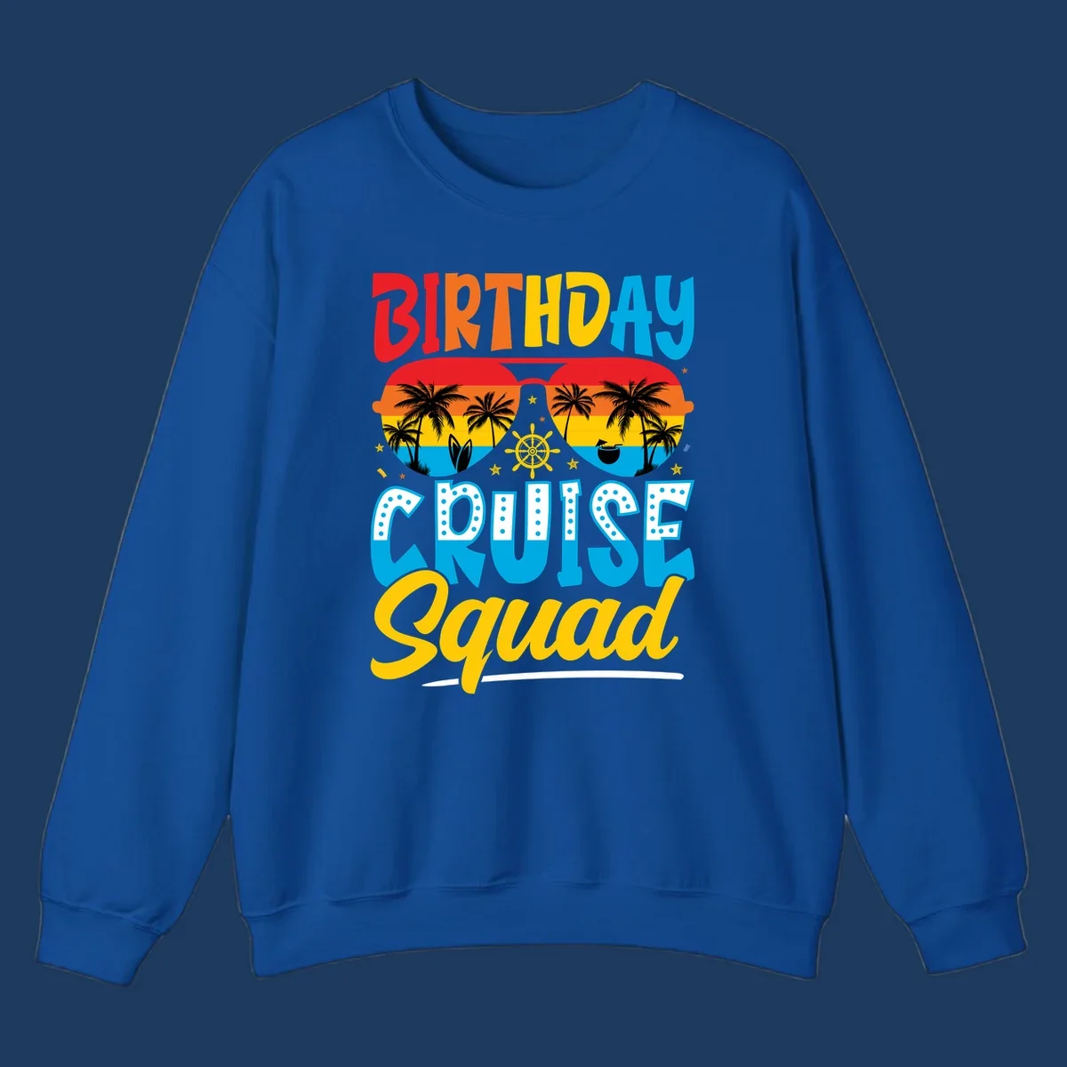 Birthday Cruise Squad design with tropical sunglasses, palm trees, ship wheel, and colorful sunset gradient on gray background