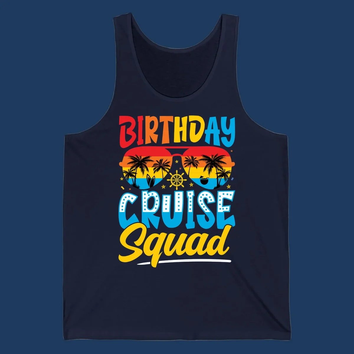 Birthday Cruise Squad design with tropical sunglasses, palm trees, ship wheel, and colorful sunset gradient on gray background