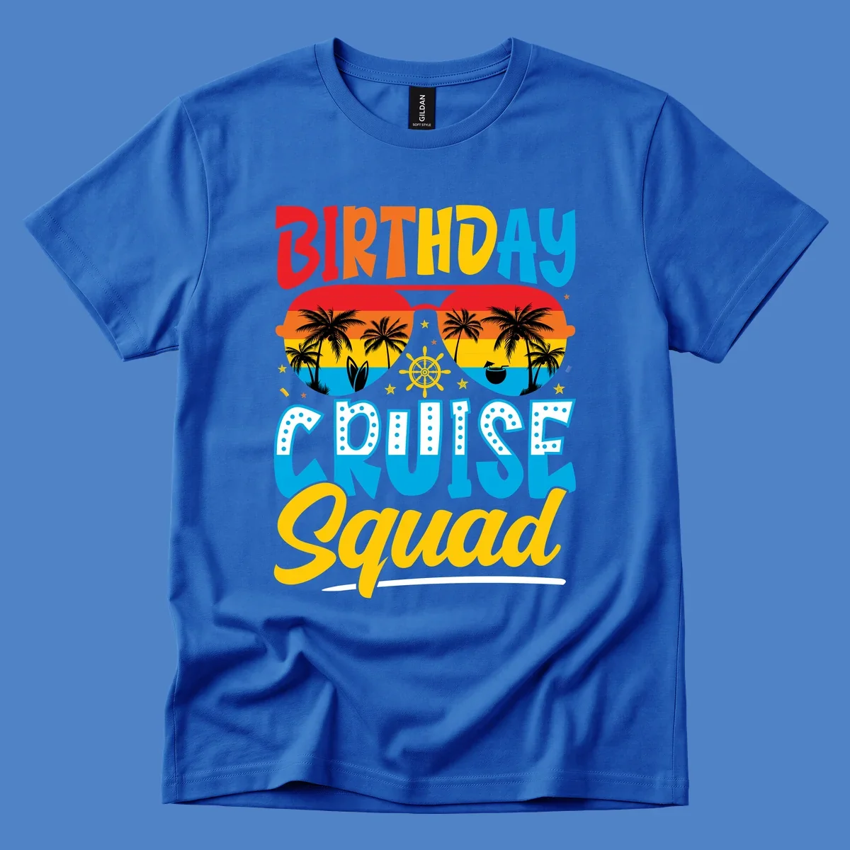 Birthday Cruise Squad design with tropical sunglasses, palm trees, ship wheel, and colorful sunset gradient on gray background