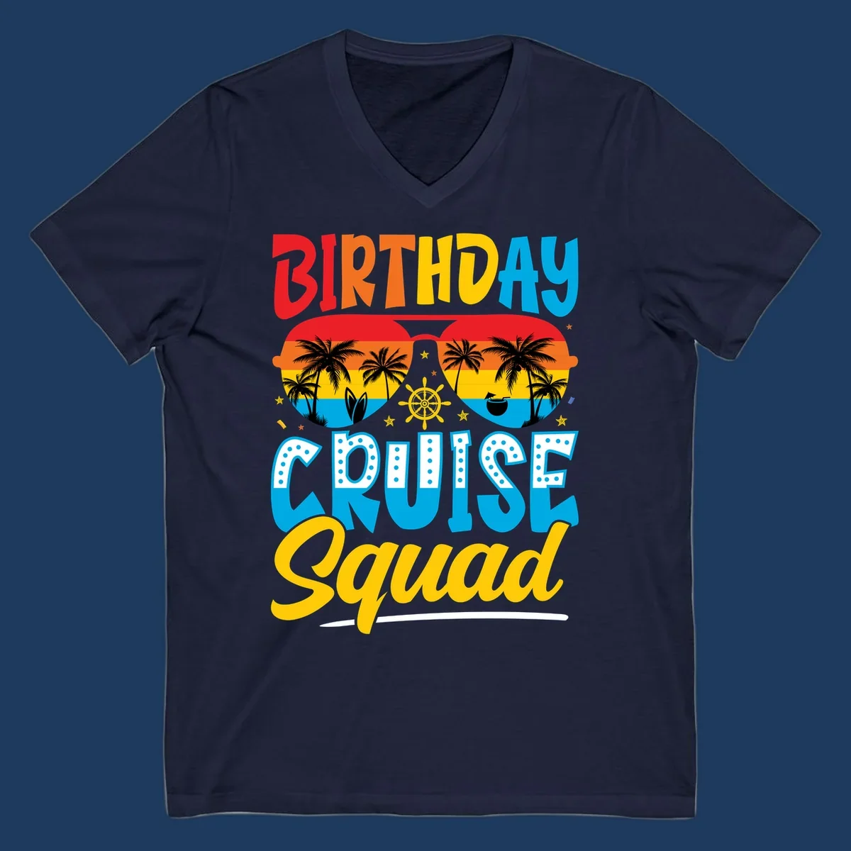 Birthday Cruise Squad design with tropical sunglasses, palm trees, ship wheel, and colorful sunset gradient on gray background