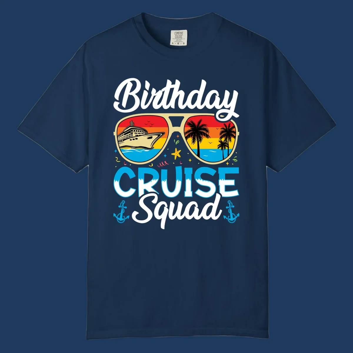Birthday Cruise Squad design featuring fun sunglasses with cruise ship and palm tree scenes, confetti, and nautical elements