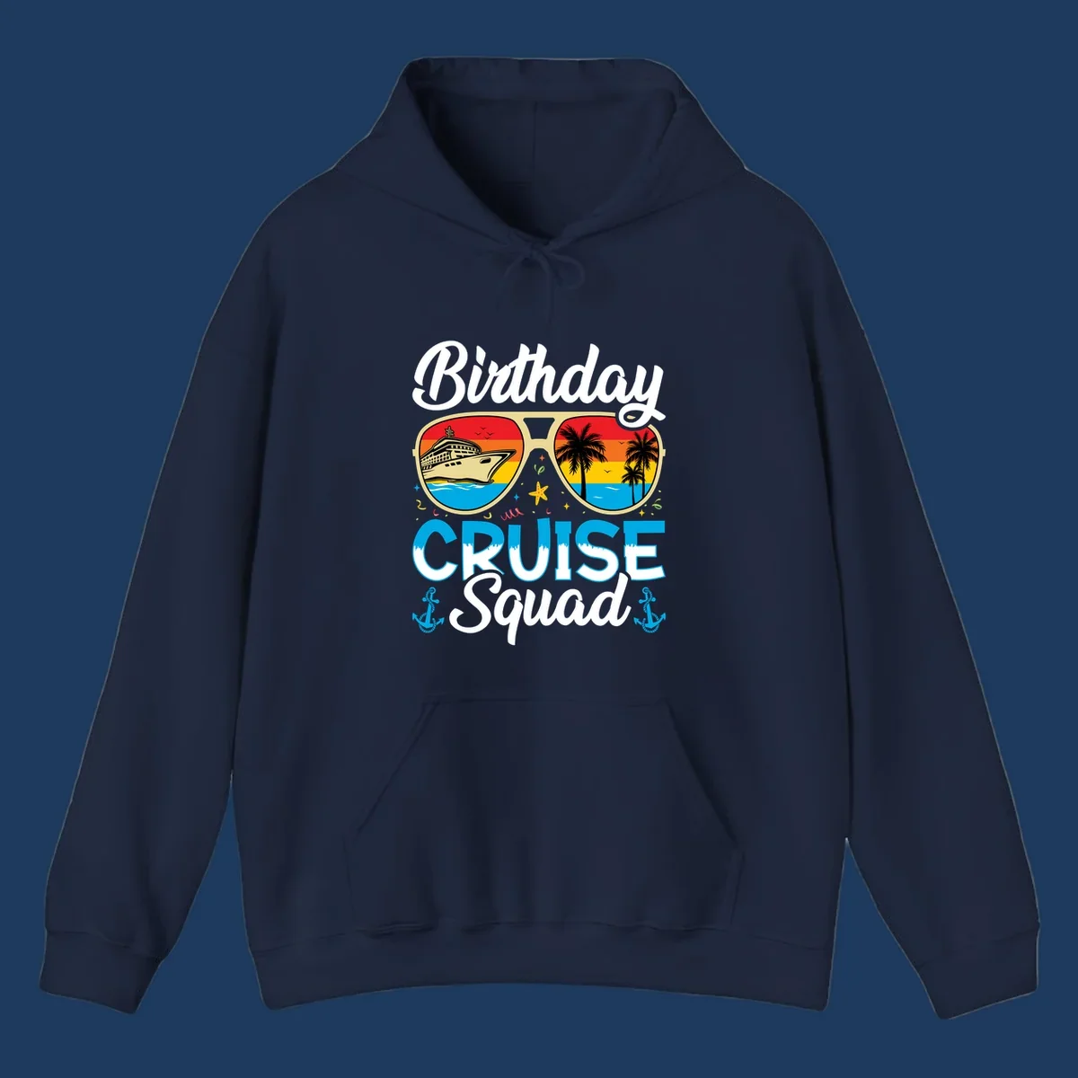 Birthday Cruise Squad design featuring fun sunglasses with cruise ship and palm tree scenes, confetti, and nautical elements