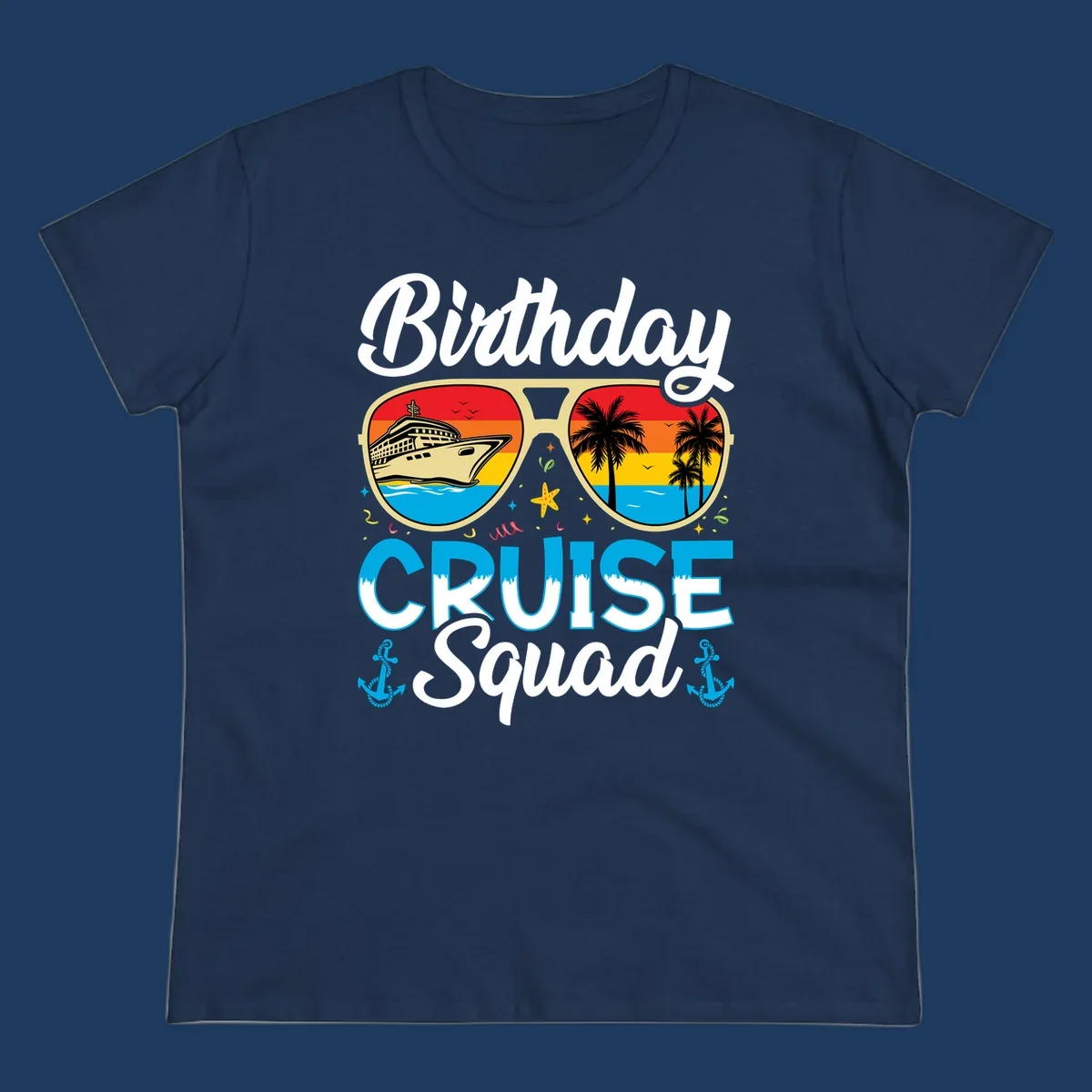 Birthday Cruise Squad design featuring fun sunglasses with cruise ship and palm tree scenes, confetti, and nautical elements