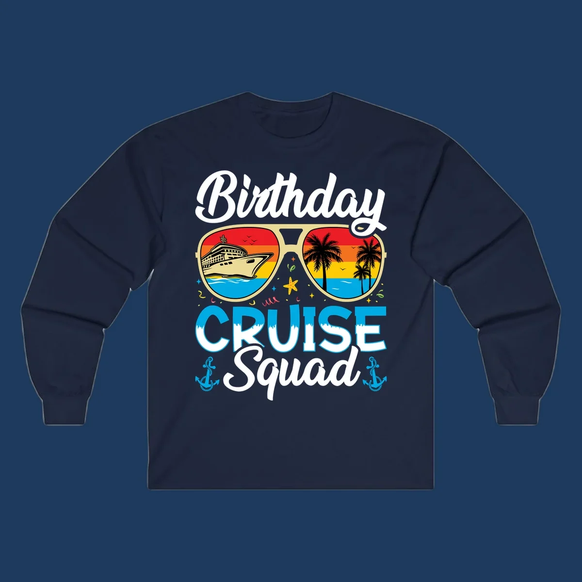 Birthday Cruise Squad design featuring fun sunglasses with cruise ship and palm tree scenes, confetti, and nautical elements