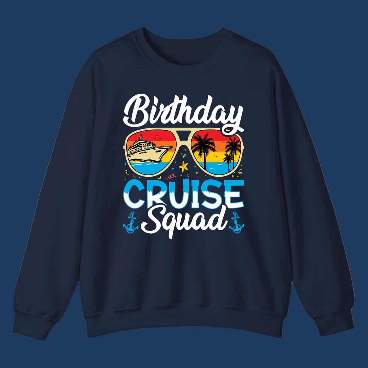 Birthday Cruise Squad design featuring fun sunglasses with cruise ship and palm tree scenes, confetti, and nautical elements