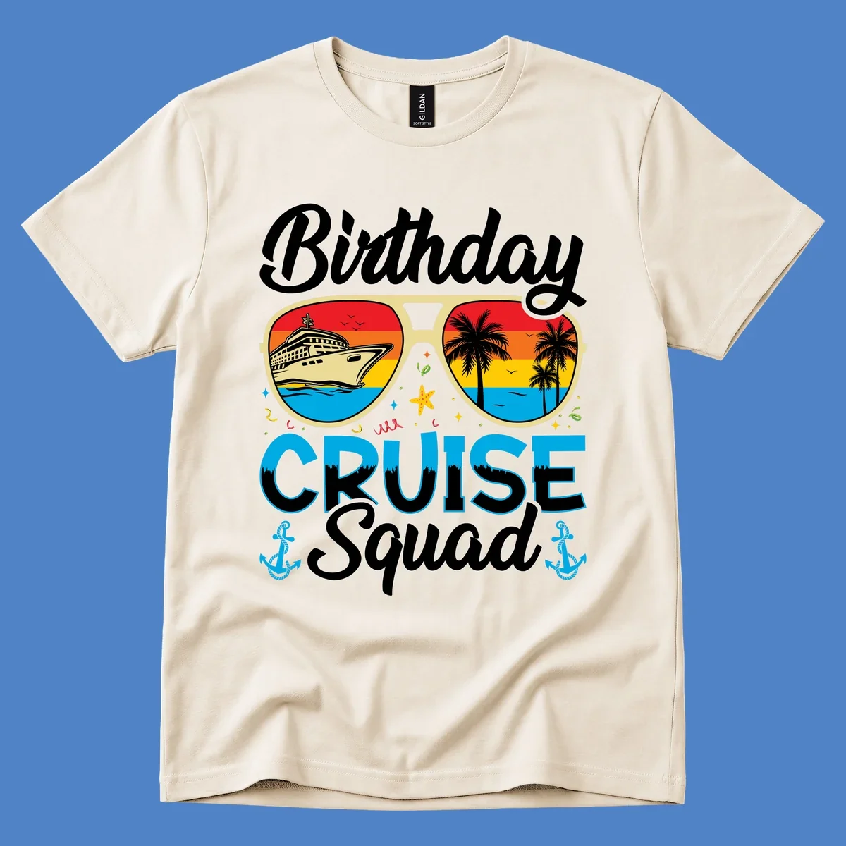 Birthday Cruise Squad design featuring fun sunglasses with cruise ship and palm tree scenes, confetti, and nautical elements