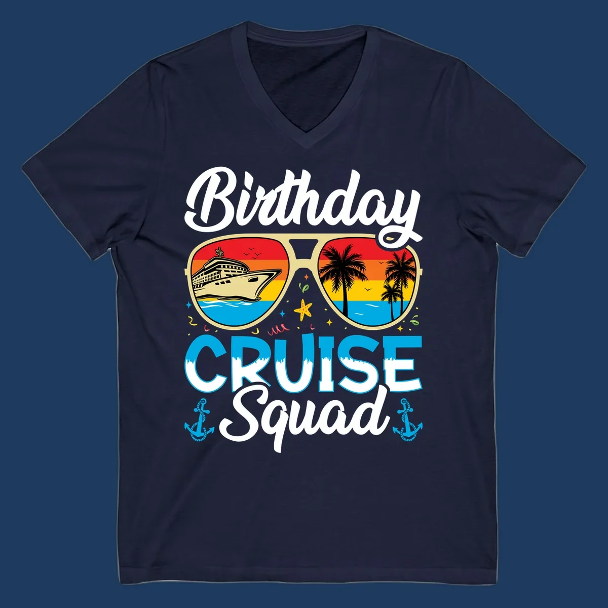 Birthday Cruise Squad design featuring fun sunglasses with cruise ship and palm tree scenes, confetti, and nautical elements