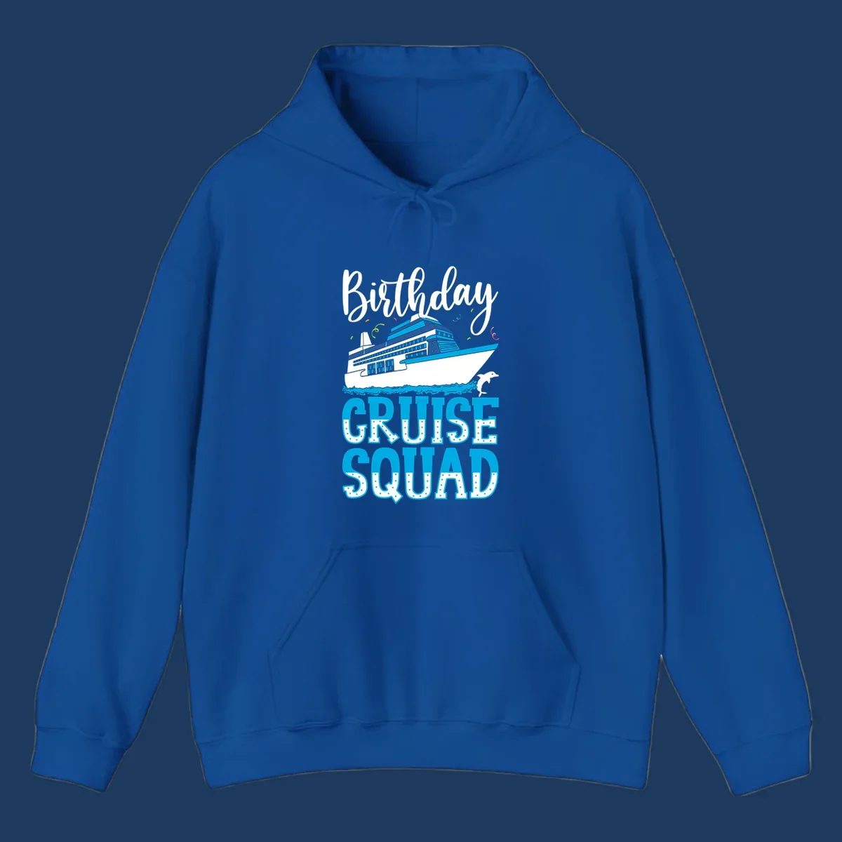 Birthday cruise squad design with cruise ship, dolphin, ocean waves, and colorful confetti on gray background