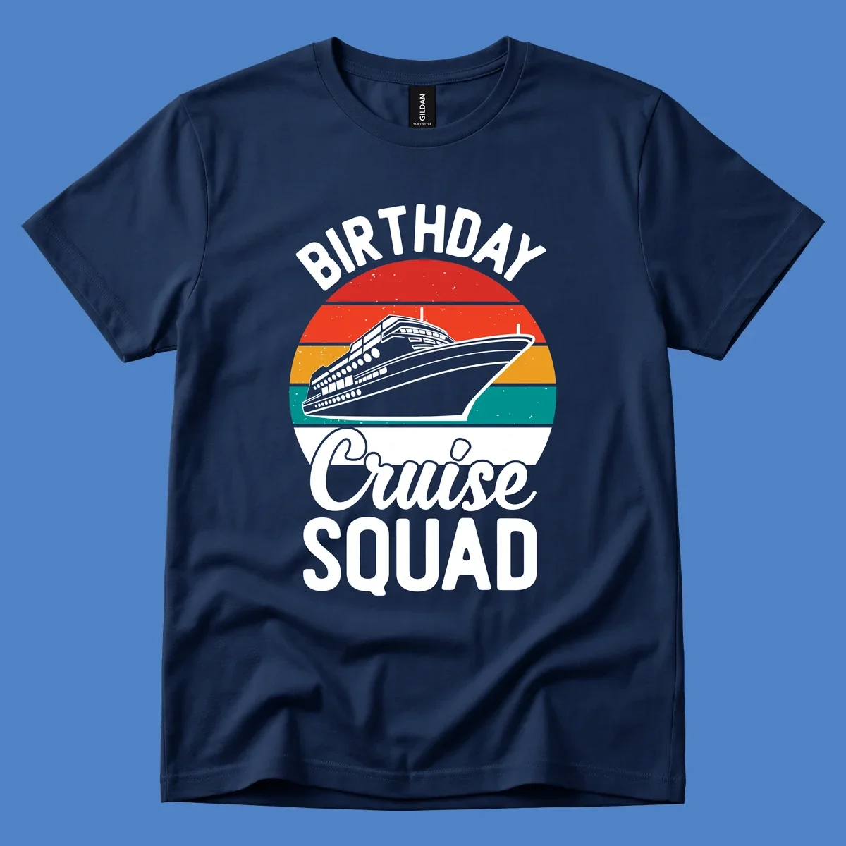 Retro birthday cruise squad design with large ship and colorful sunset stripes, celebrating a birthday at sea