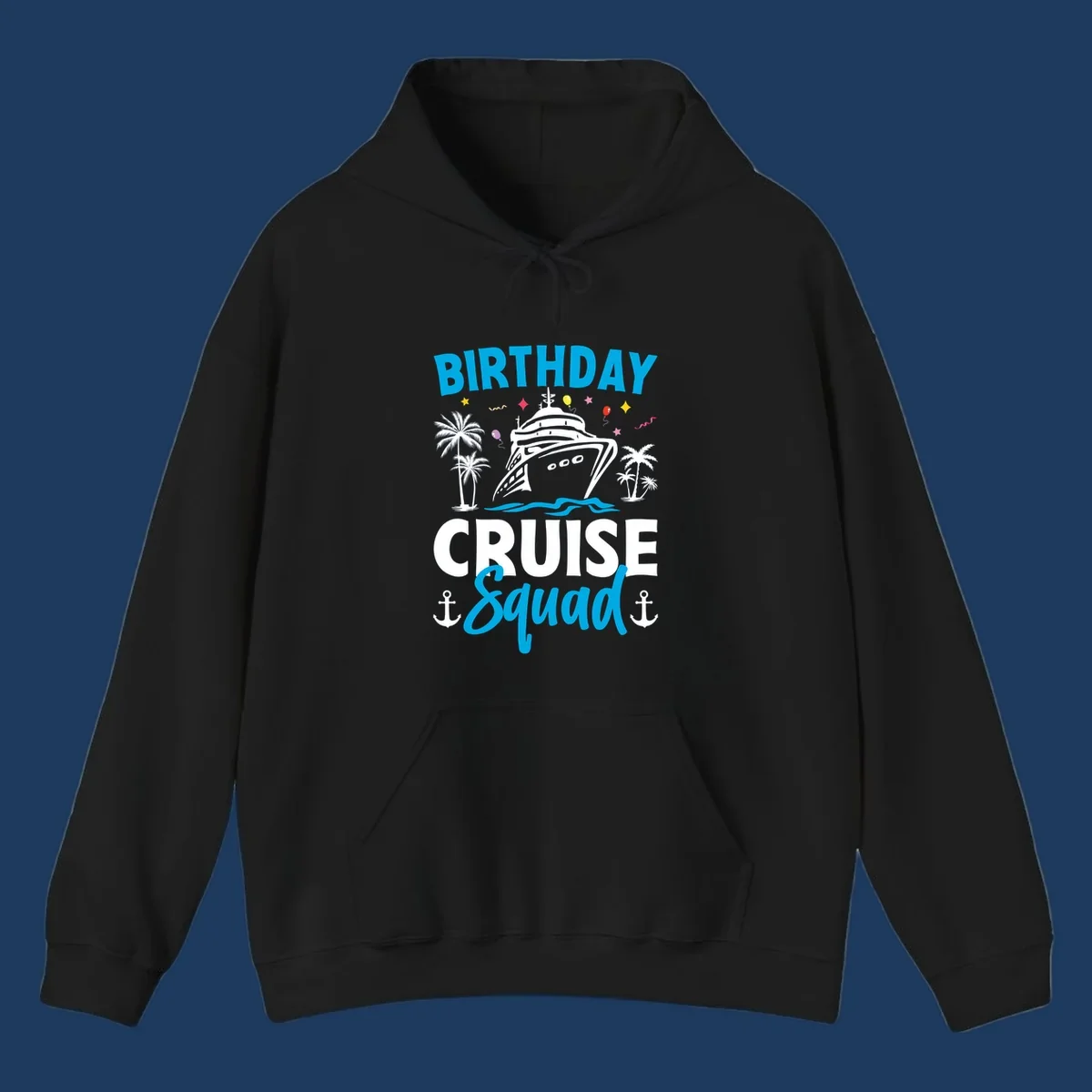 Birthday cruise squad design with ship, palm trees, balloons, stars, and anchors on gray background
