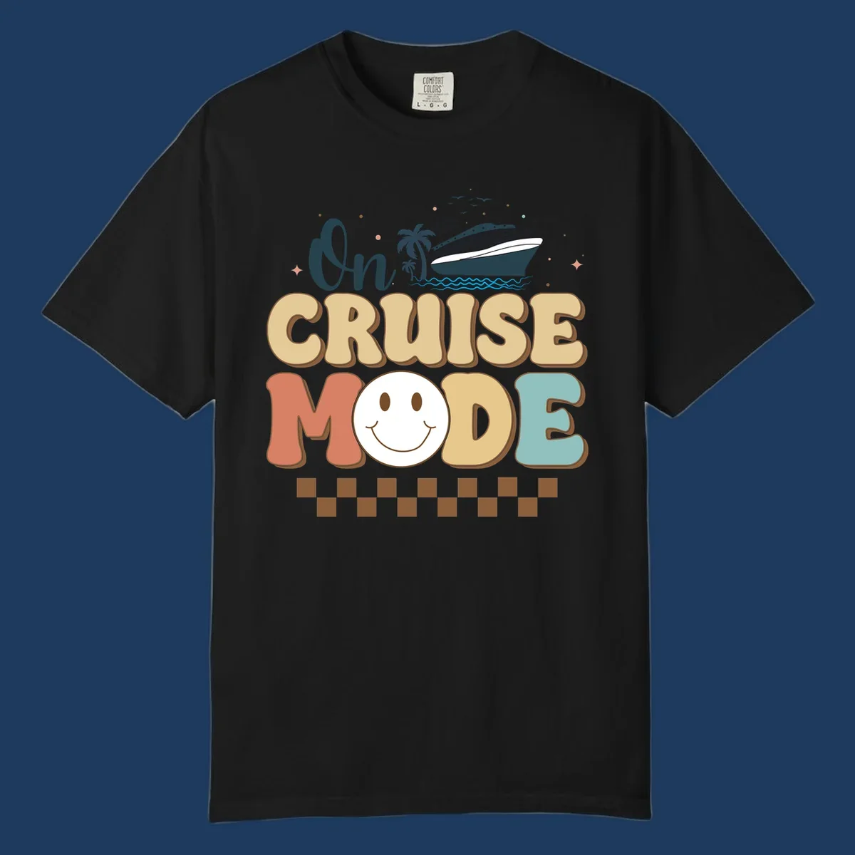 On cruise mode retro design with smiling face, cruise ship, palm trees, and ocean waves on gray background