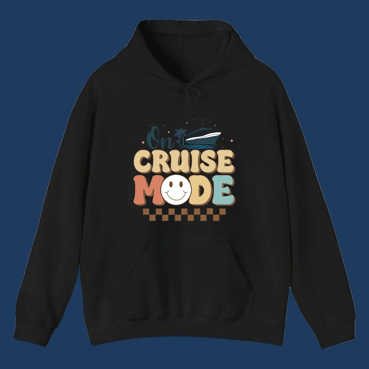 On cruise mode retro design with smiling face, cruise ship, palm trees, and ocean waves on gray background