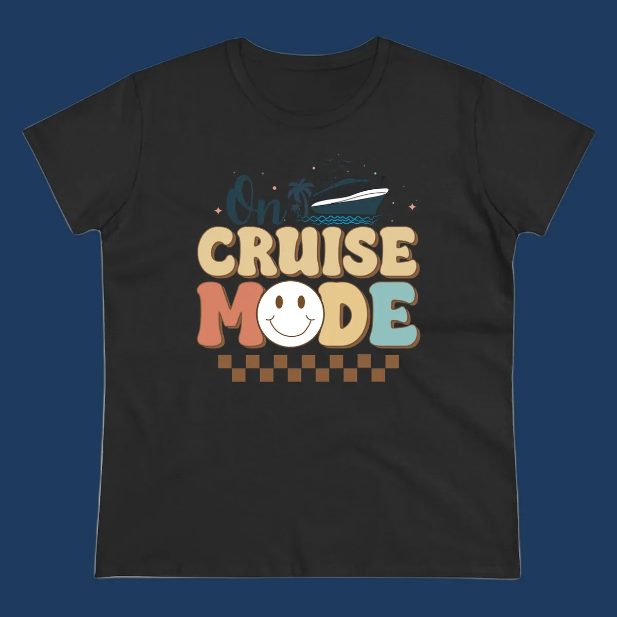 On cruise mode retro design with smiling face, cruise ship, palm trees, and ocean waves on gray background