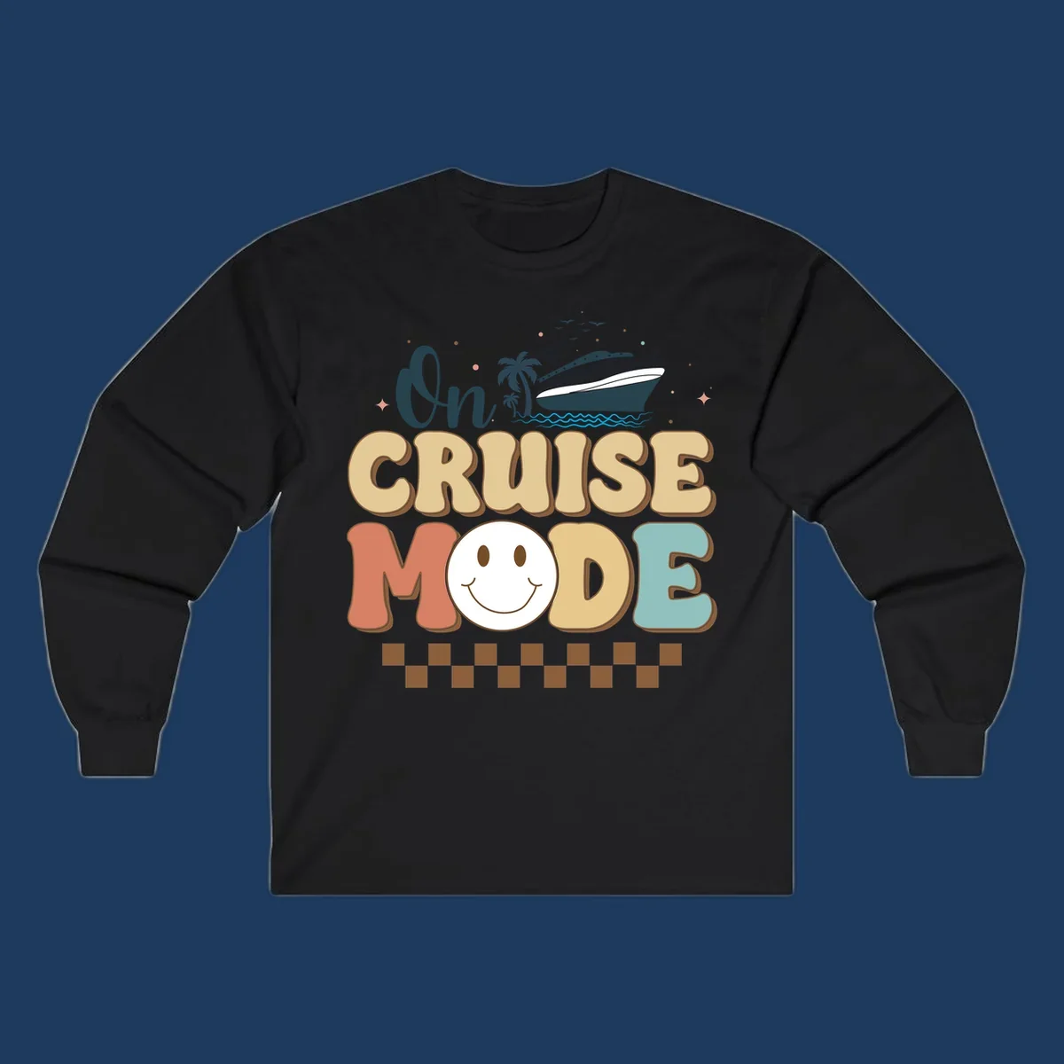 On cruise mode retro design with smiling face, cruise ship, palm trees, and ocean waves on gray background