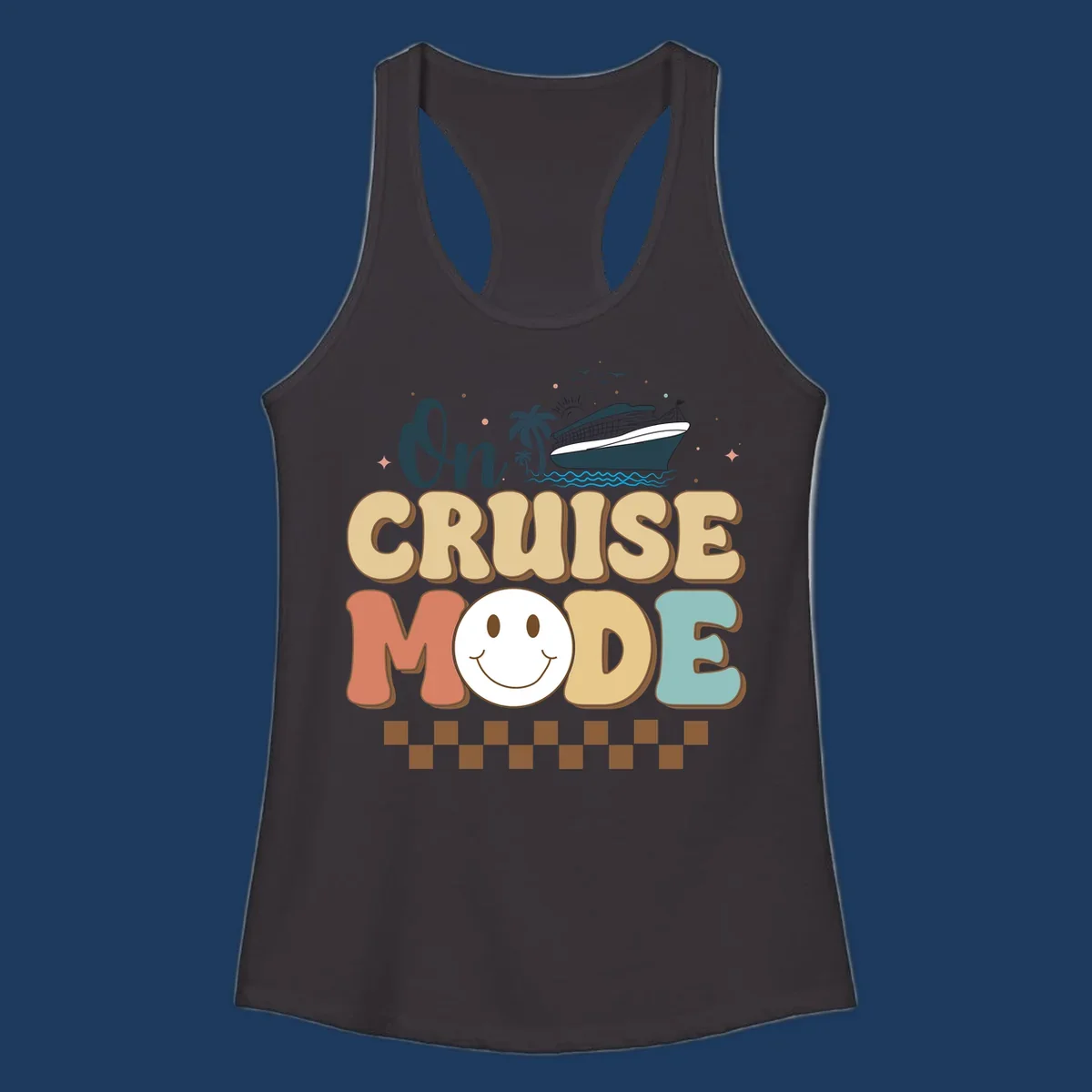 On cruise mode retro design with smiling face, cruise ship, palm trees, and ocean waves on gray background