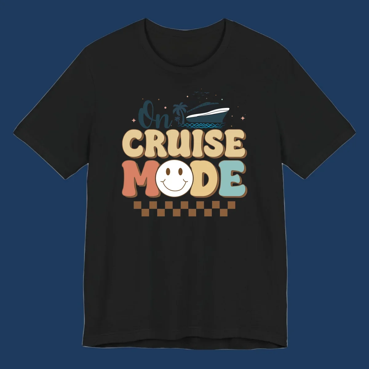 On cruise mode retro design with smiling face, cruise ship, palm trees, and ocean waves on gray background