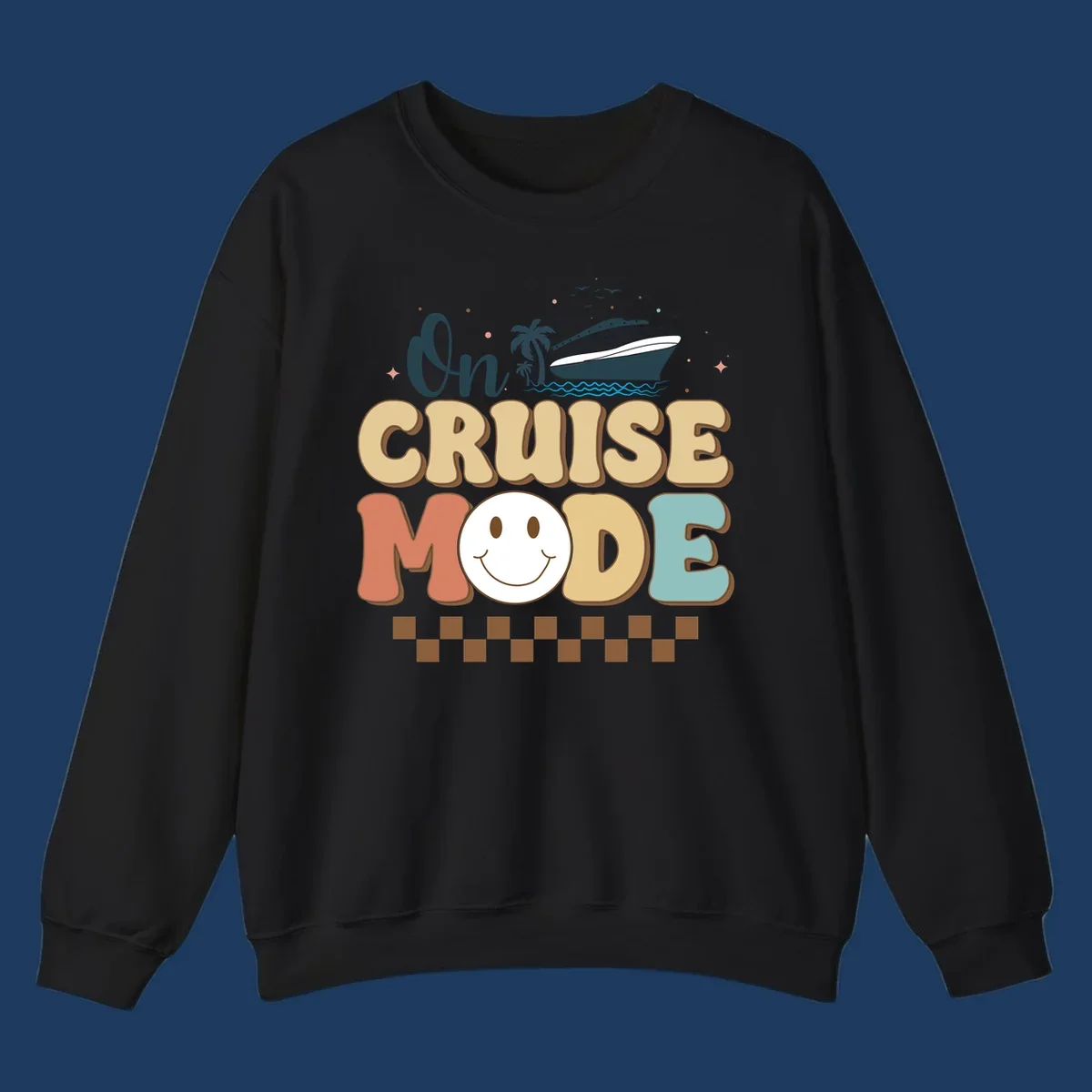 On cruise mode retro design with smiling face, cruise ship, palm trees, and ocean waves on gray background