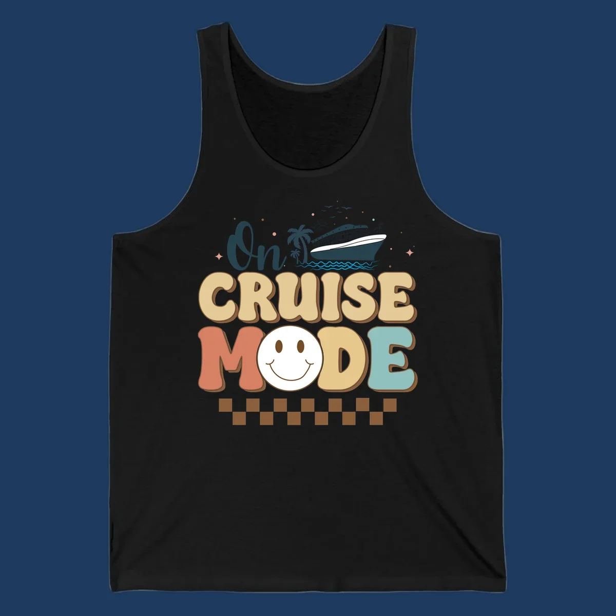 On cruise mode retro design with smiling face, cruise ship, palm trees, and ocean waves on gray background
