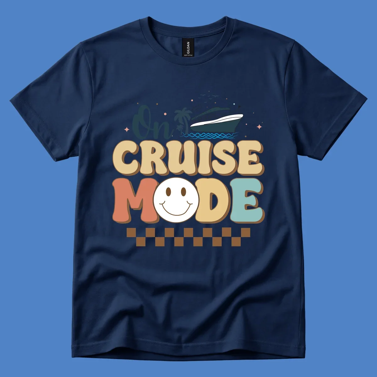 On cruise mode retro design with smiling face, cruise ship, palm trees, and ocean waves on gray background