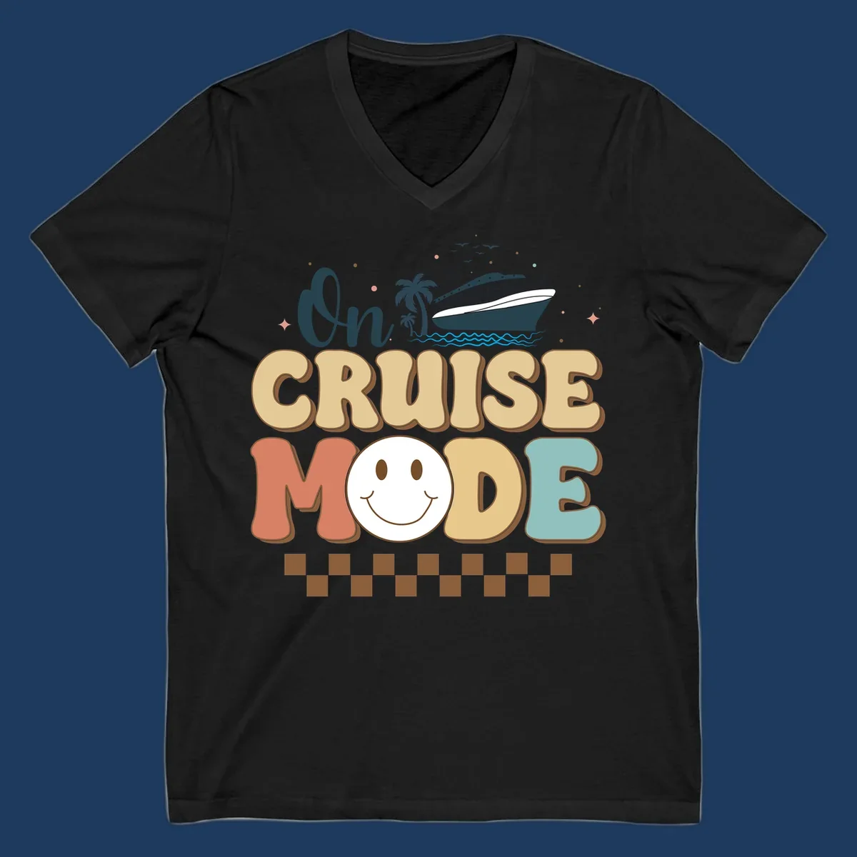 On cruise mode retro design with smiling face, cruise ship, palm trees, and ocean waves on gray background