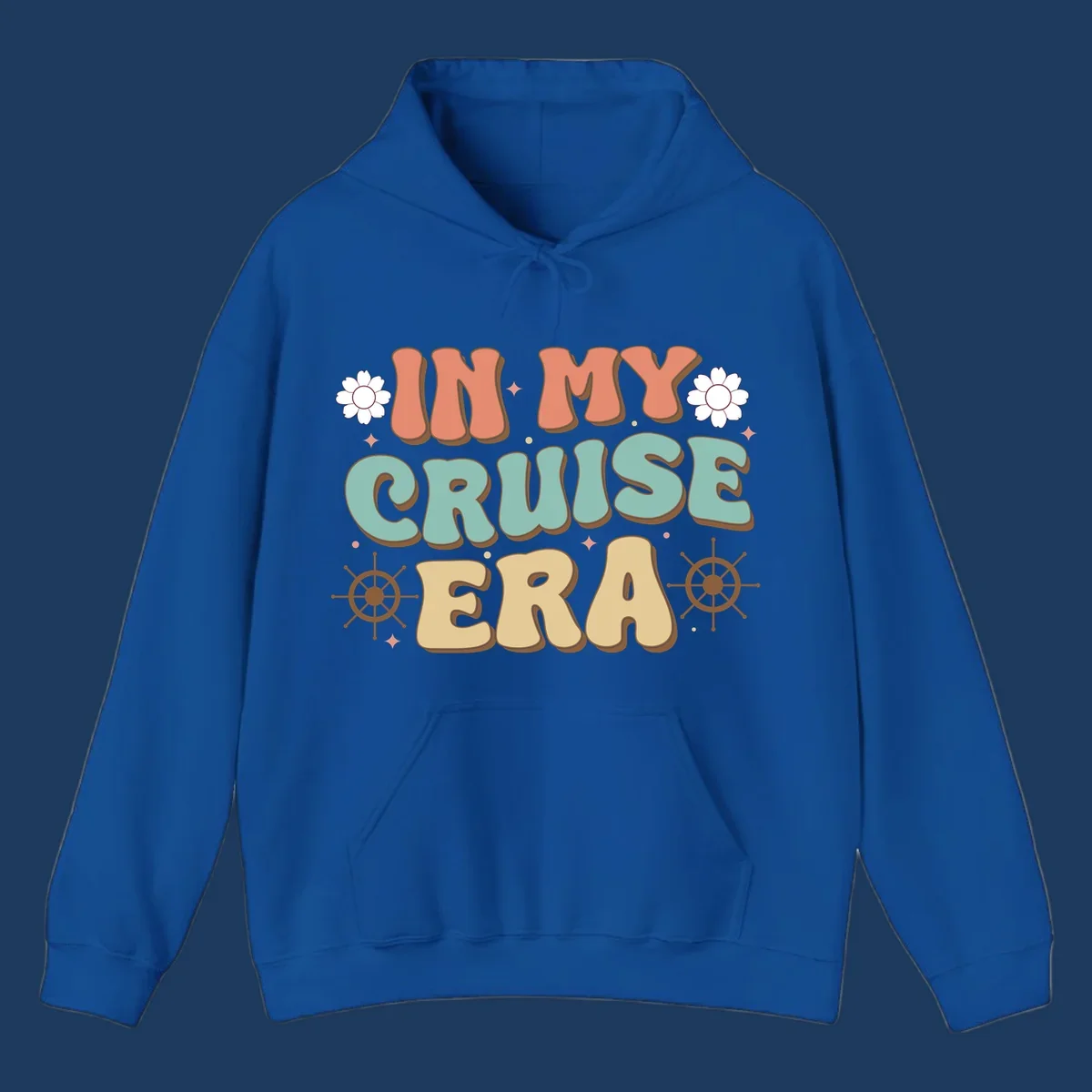 Retro-style design reading 'In My Cruise Era' with nautical ship wheels, daisies, and sparkles on gray background