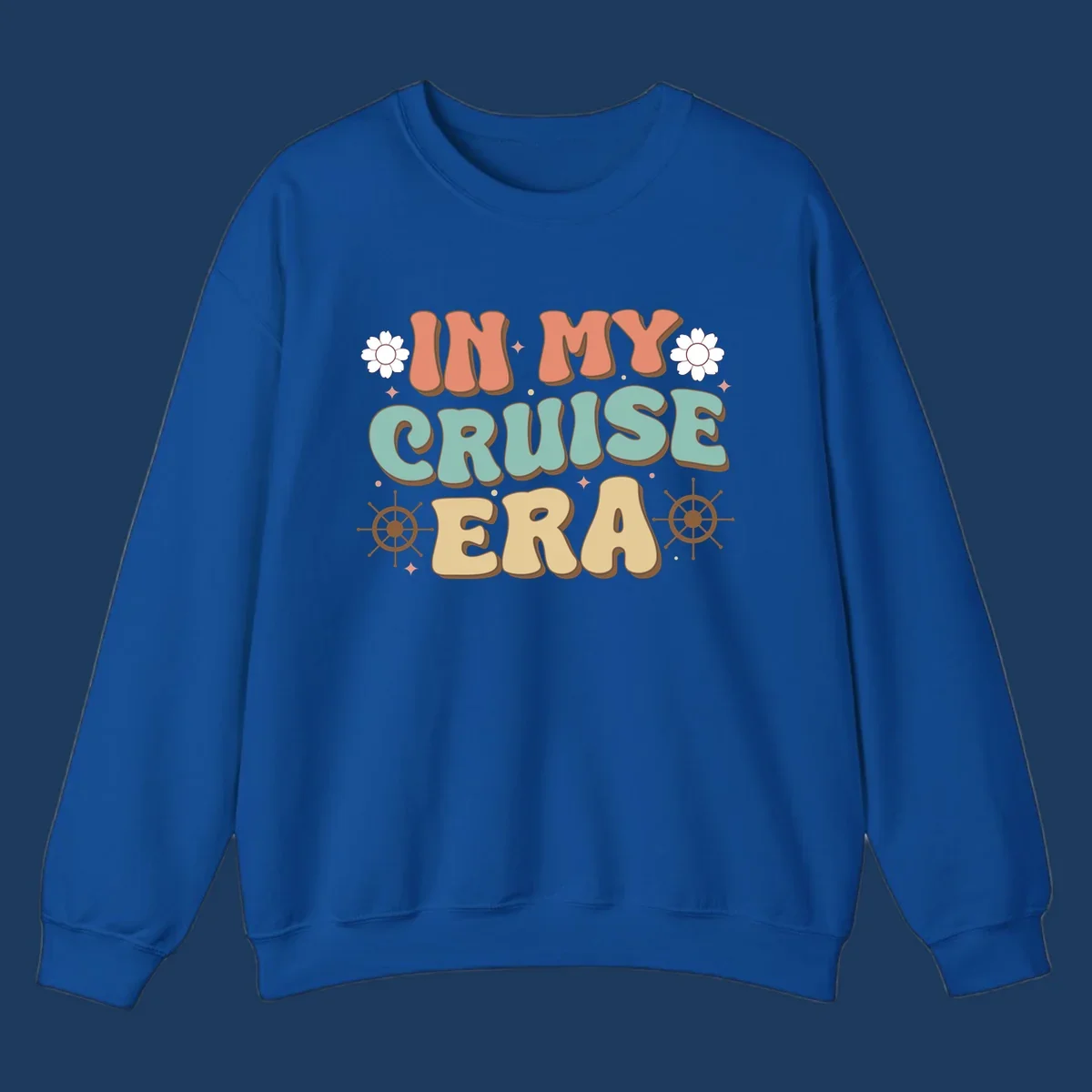 Retro-style design reading 'In My Cruise Era' with nautical ship wheels, daisies, and sparkles on gray background