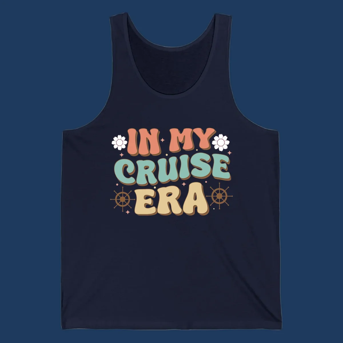 Retro-style design reading 'In My Cruise Era' with nautical ship wheels, daisies, and sparkles on gray background