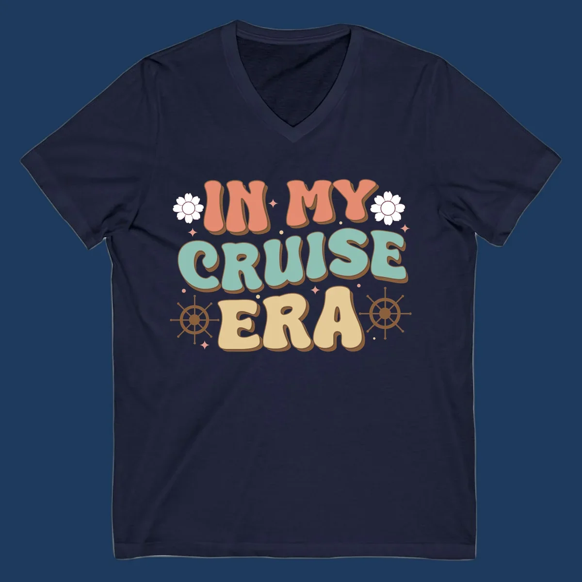 Retro-style design reading 'In My Cruise Era' with nautical ship wheels, daisies, and sparkles on gray background