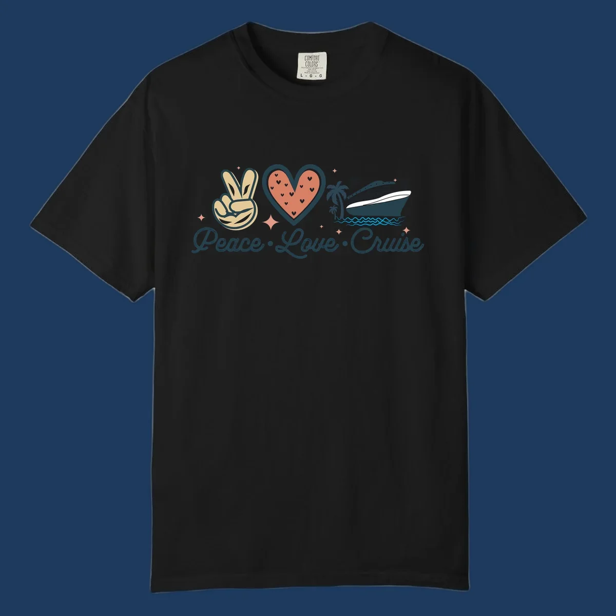 Retro cruise design with peace sign, heart, and ship illustration with text reading Peace Love Cruise