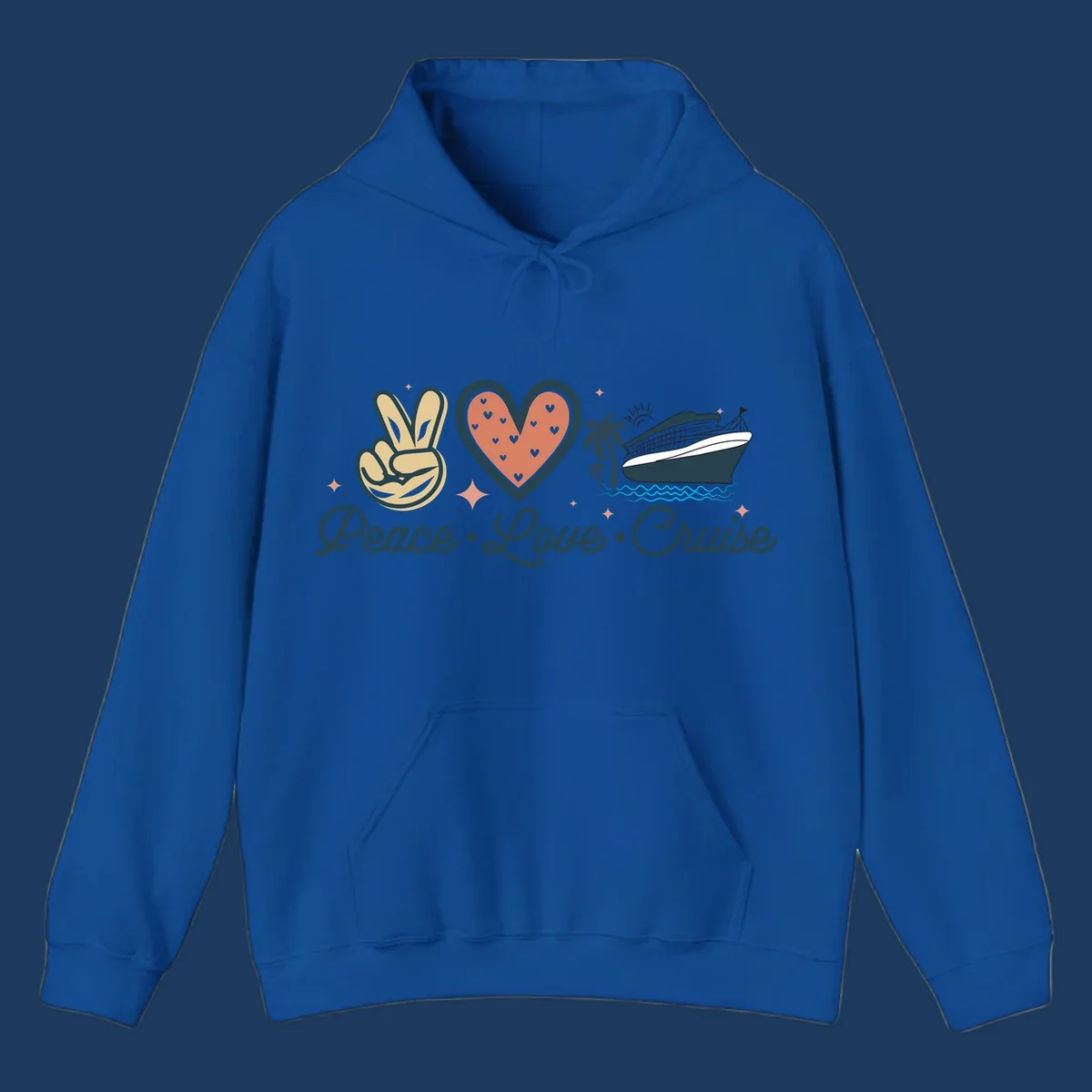 Retro cruise design with peace sign, heart, and ship illustration with text reading Peace Love Cruise