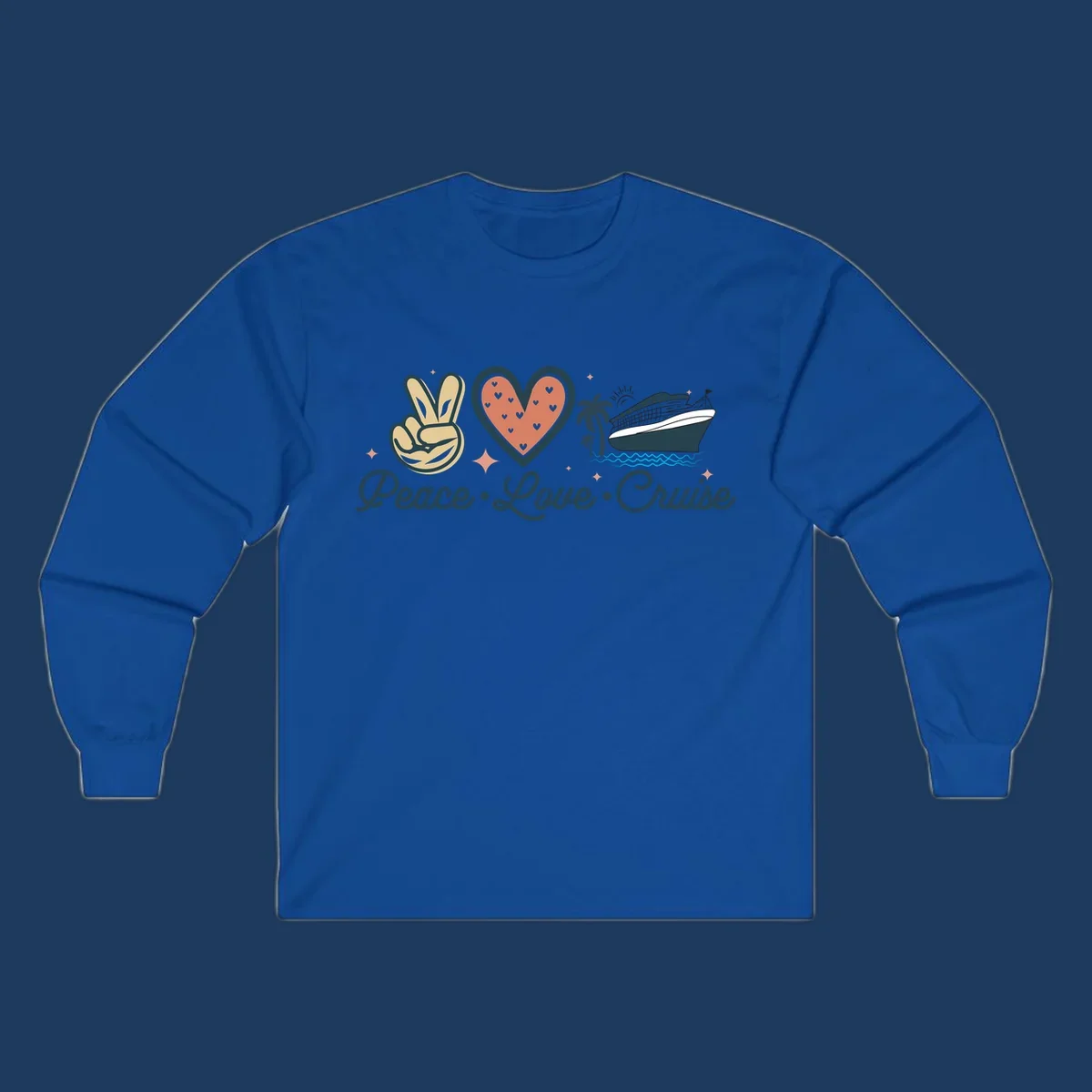 Retro cruise design with peace sign, heart, and ship illustration with text reading Peace Love Cruise